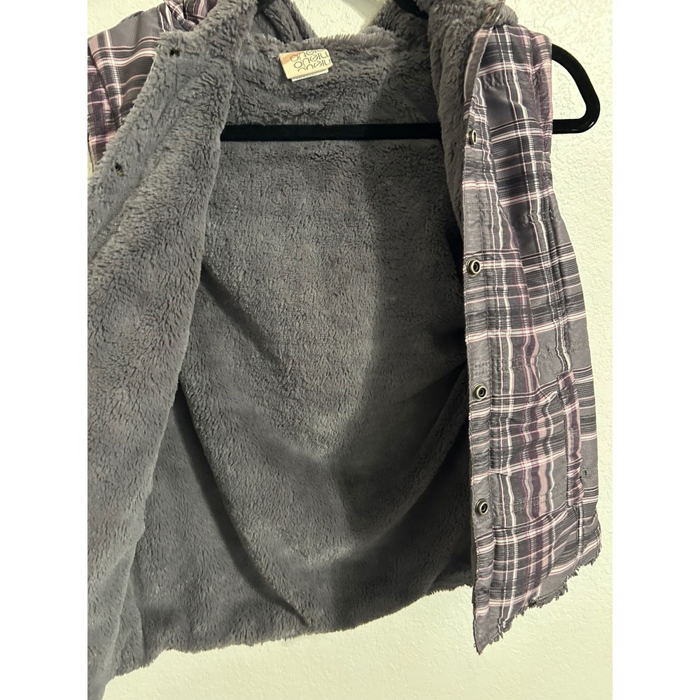 O'Neill Womens Plaid Hooded Puffer Vest Faux Fur Lined Grey Purple Large L - Picture 6 of 8